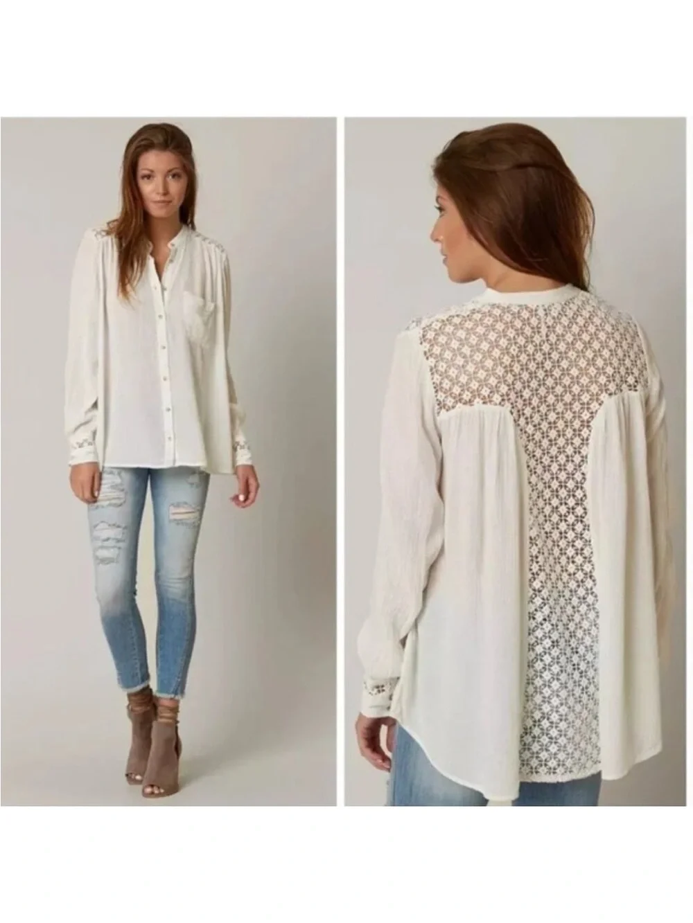 Free People Crochet-Back Button Down Shirt oversized comfortable